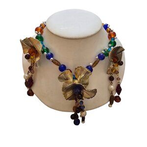 Vintage Olympia Gibson Signed Unique Glass Flower Necklace (A9488)